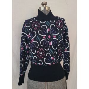 Vintage 80s‎ Heavy Knit Black Neon Floral Ski Sweater Unique Snuggier Size Small